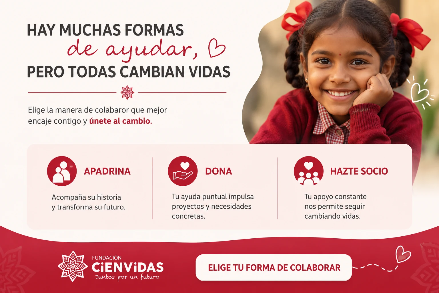 Infografía con las formas de colaborar con una ONG: apadrinar, donar y hacerse socio de Fundación CiENViDAS