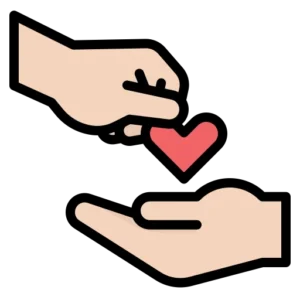 Icono de donación solidaria: una mano entrega un corazón a otra mano abierta