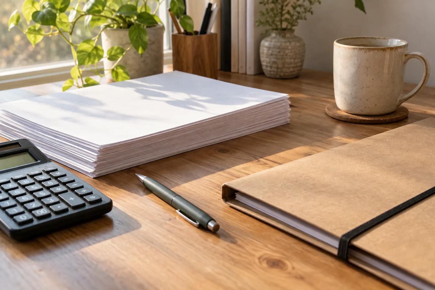 Ilustración generada con IA de documentos y una calculadora sobre una mesa